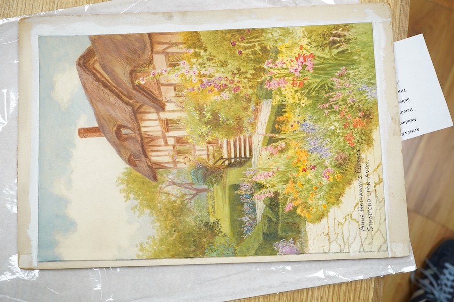 William Affleck, (Aka Carruthers, 1868-1943), three 1930's watercolours on card, comprising ‘Anne Hathaway's cottage, Stratford Upon Avon’, ‘Cottage at Ockley, Surrey’ and ‘cottage at West Hagbourne, Oxford’, two signed,